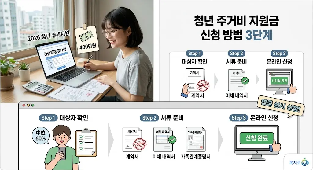 책상 위에서 청년이 노트북과 임대차 계약서를 펼쳐놓고 복지로 홈페이지를 통해 2026 청년 월세지원 조건 및 서류 확인하는 모습