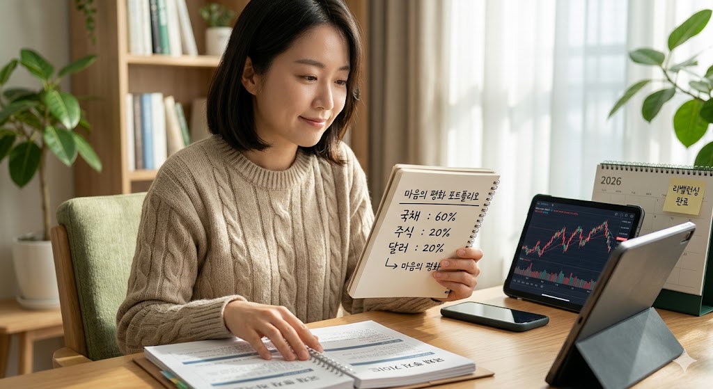 한 여성이 책상 앞에서 '마음의 평화 포트폴리오'라고 적힌 공책을 보며 미소 짓고 있다. 공책에는 국채 60%, 주식 20%, 달러 20%의 자산 배분 비율이 적혀 있으며, 뒤편에는 변동성이 심한 주식 차트가 보이는 태블릿이 놓여 있다.