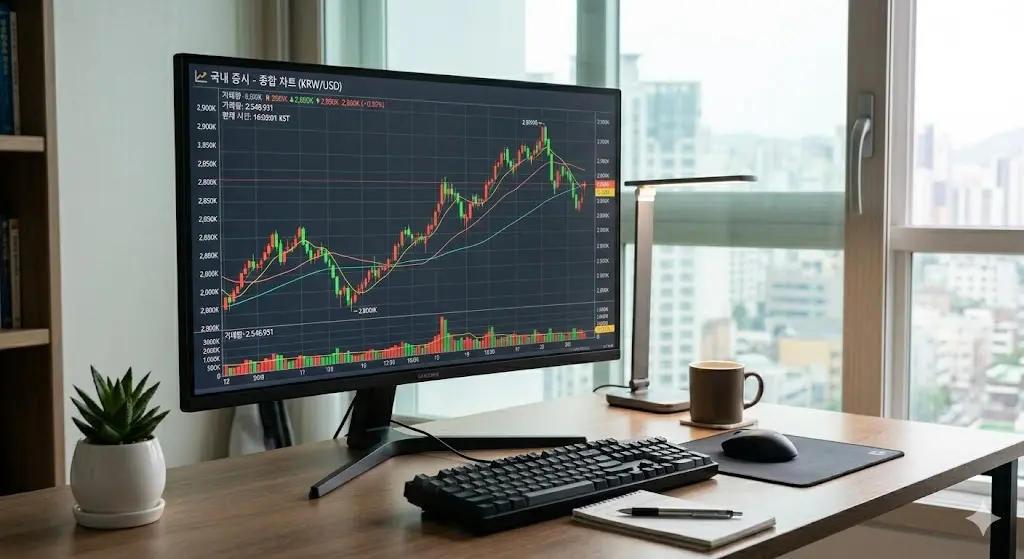 모니터에 띄워진 주식 차트와 단일종목 레버리지 ETF 주가 변동성 분석