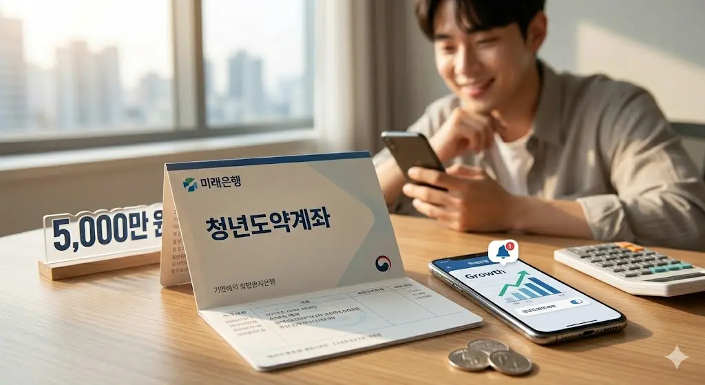 '청년도약계좌' 통장 사진. 옆에는 스마트폰과 '5,000만 원 목돈 만들기' 아크릴 스탠드가 함께 놓여 있으며, 따뜻한 햇살이 비추는 창밖 도시 풍경이 블러 처리되어 보입니다.