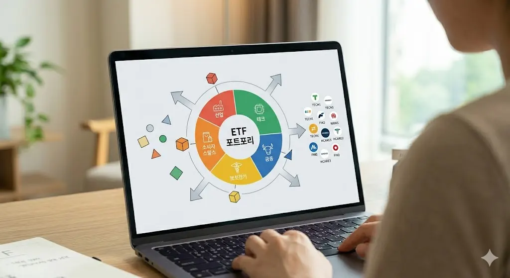 사용자가 노트북에서 ETF 포트폴리오를 분석하는 모습. 노트북 화면에는 ‘ETF 포트폴리오’라는 한글 제목과 함께 산업, 소수 주주 가치, 보상 및 거래, 기술, 금융, 헬스케어 등 다양한 섹션을 보여주는 다이어그램이 표시되어 있습니다. 왼쪽에는 종이에 필기하는 모습과 안경이 놓여 있고, 노트북 키보드에서 작업하는 사용자의 손이 보입니다.