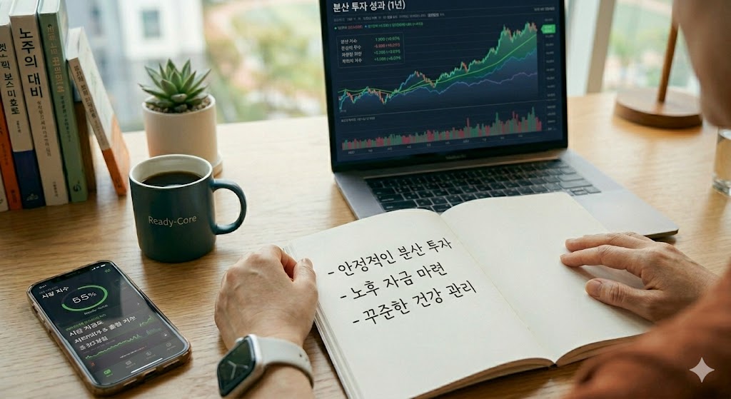 주식 차트가 켜진 노트북과 스마트폰 옆에서, '분산 투자', '노후 마련', '건강 관리' 실천 목록이 적힌 노트를 펼쳐보고 있는 현대인의 모습.