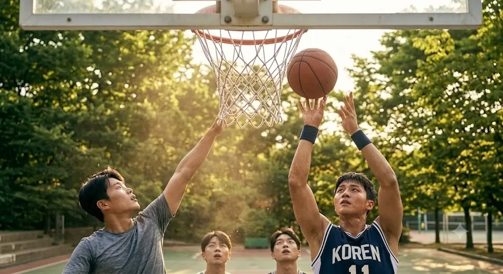 푸른 나무가 둘러싸인 야외 농구장에서 20대 청년들이 활기차게 농구 골대를 향해 점프하며 슛을 날리는 역동적이고 건강한 운동 모습