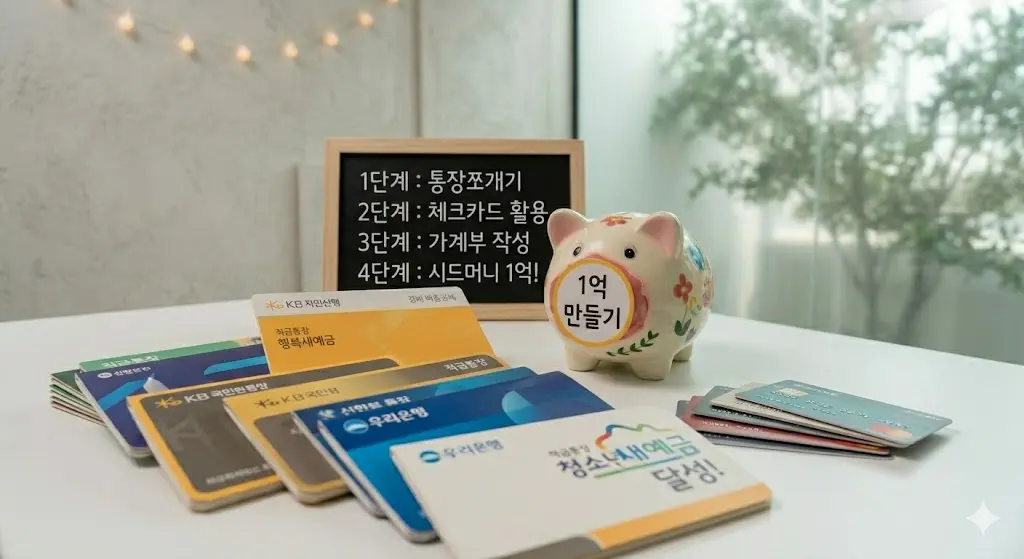 원목 책상 위에 사회초년생의 자산 형성을 위한 여러 권의 색상별 통장과 체크카드가 깔끔하게 정리되어 있는 모습. 옆에는 꼼꼼하게 지출 내역이 기록된 가계부가 펼쳐져 있고, 그 위에 검은색 모나미 볼펜이 놓여 있다. 창밖으로 푸른 나무들이 흐릿하게 배경으로 보이며, 전체적으로 차분하고 따뜻한 분위기 속에서 선저축 후지출과 통장 쪼개기 재테크 전략을 시각적으로 나타내는 사진.