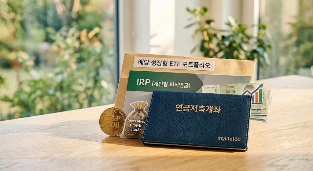 중년의 블로그 운영자가 태블릿과 노트를 활용해 백세 시대를 위한 연금 계좌 자산 배분과 IRP 포트폴리오 전략을 계획하고 있는 모습