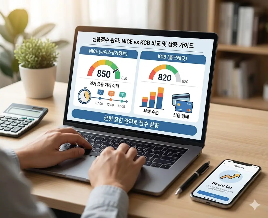 노트북 화면에 표시된 NICE 나이스평가정보와 KCB 올크레딧 신용평가기관의 핵심 평가 기준 비교 인포그래픽 표와 신용점수 올리는 법 가이드