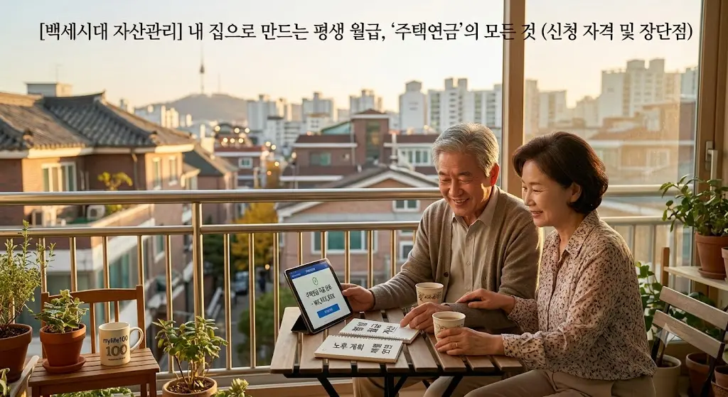 서울 전망의 베란다에서 태블릿으로 주택연금 지급 완료 내용을 확인하며 웃고 있는 은퇴 부부의 모습. 태블릿 화면에는 "주택연금 지급 완료, 총액: ₩10,000,000, 잔액: ₩10,000,000"이라고 영어로 적혀 있으며, 부부의 책상 위에는 "노후 계획"이라고 적힌 노트와 "mylife100" 컵이 놓여 있다.